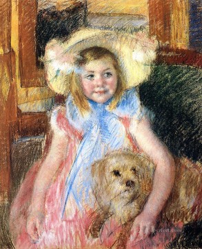 Sara in einem großen Blumenhut recht schaut Holding ihr Hund Impressionismus Mutter Kinder Mary Cassatt Ölgemälde